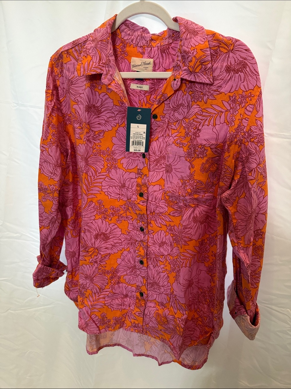 Universal Thread Pink Floral Button-Down Shirt with Orange Base